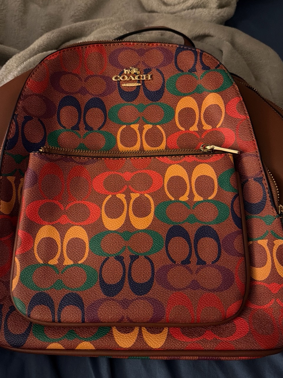 Coach Multicolor Signature Canvas Backpack With Brown Trim